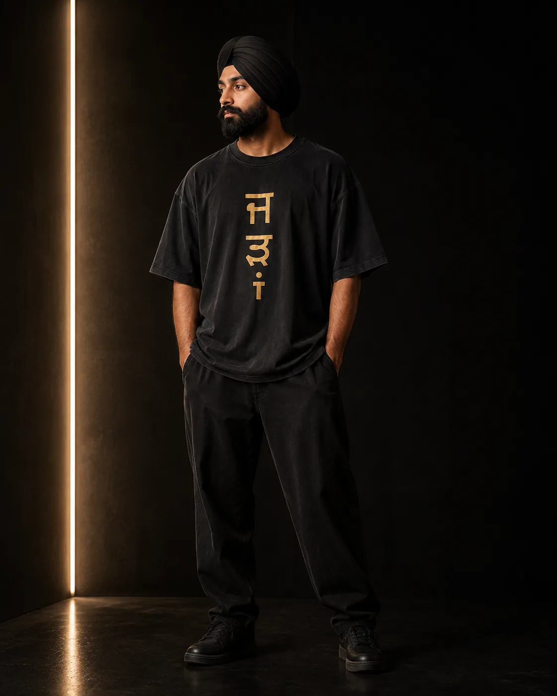 Sikh model wearing the black BAAG Few Words oversized T-shirt with vertical gold Gurmukhi artwork