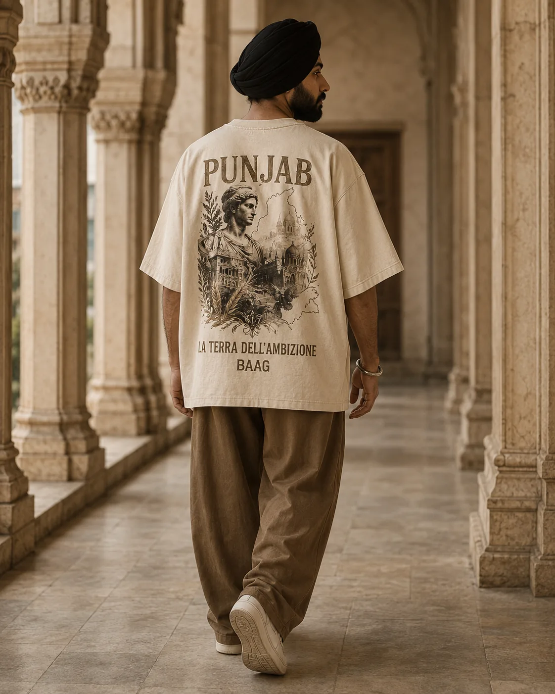 Sikh model wearing the ivory BAAG Punjab Heritage oversized T-shirt