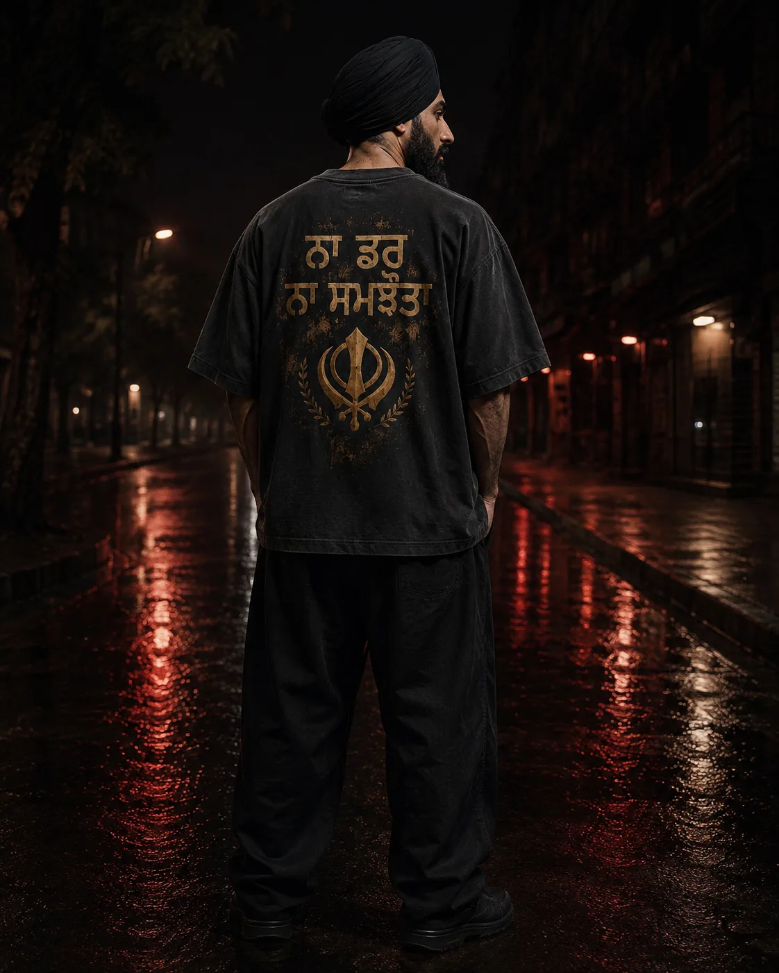 Sikh model wearing the black BAAG Punjabi Rooh oversized T-shirt with gold Gurmukhi artwork