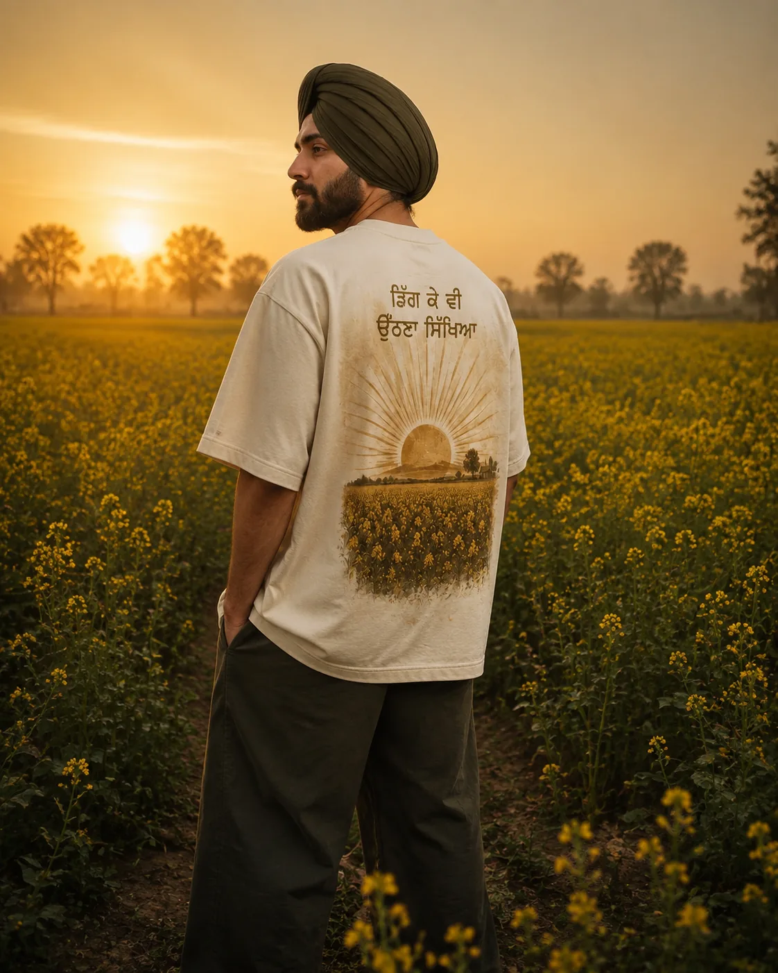 Sikh model wearing the ivory BAAG Rooh Unchi Rakh oversized T-shirt in a mustard field