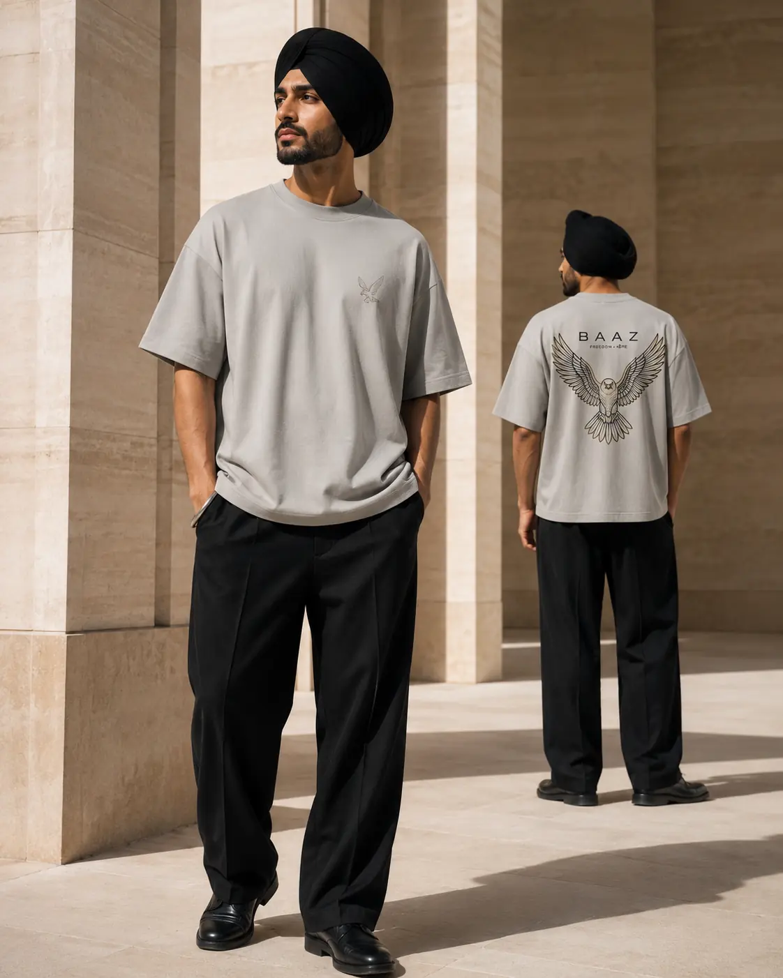 Sikh model wearing the BAAG Baaz stone-grey heavyweight graphic T-shirt, shown from front and back