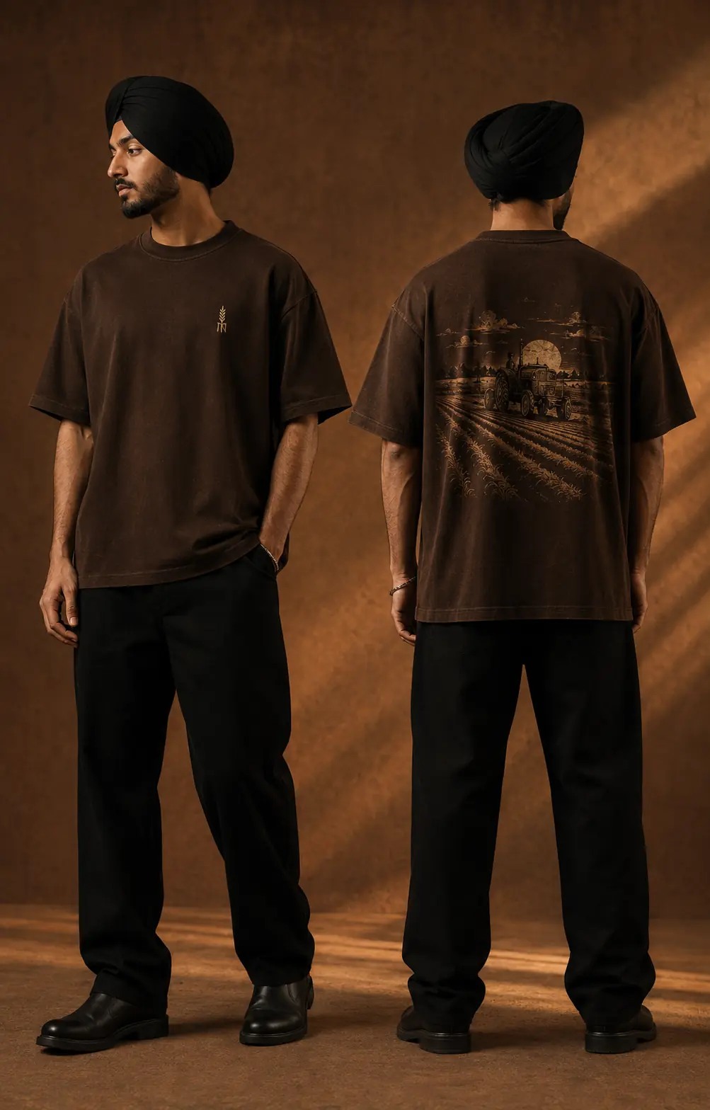 Sikh model wearing the BAAG Khet 84 soil-brown washed cotton T-shirt