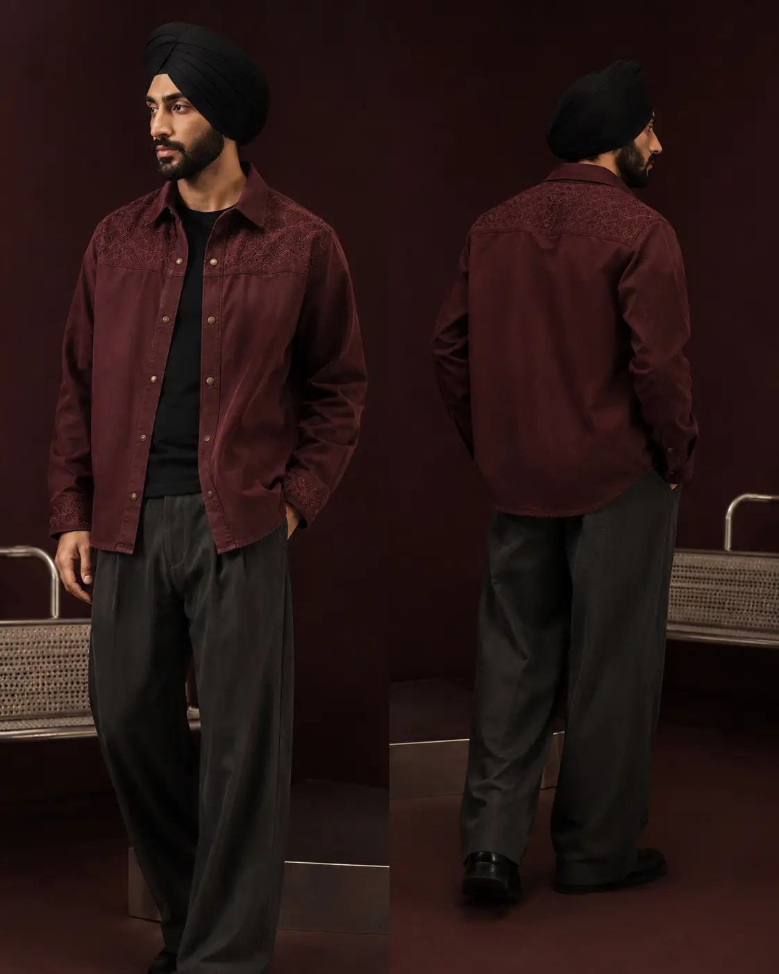 Sikh model wearing the BAAG Mehfil Oxblood overshirt with tonal embroidery
