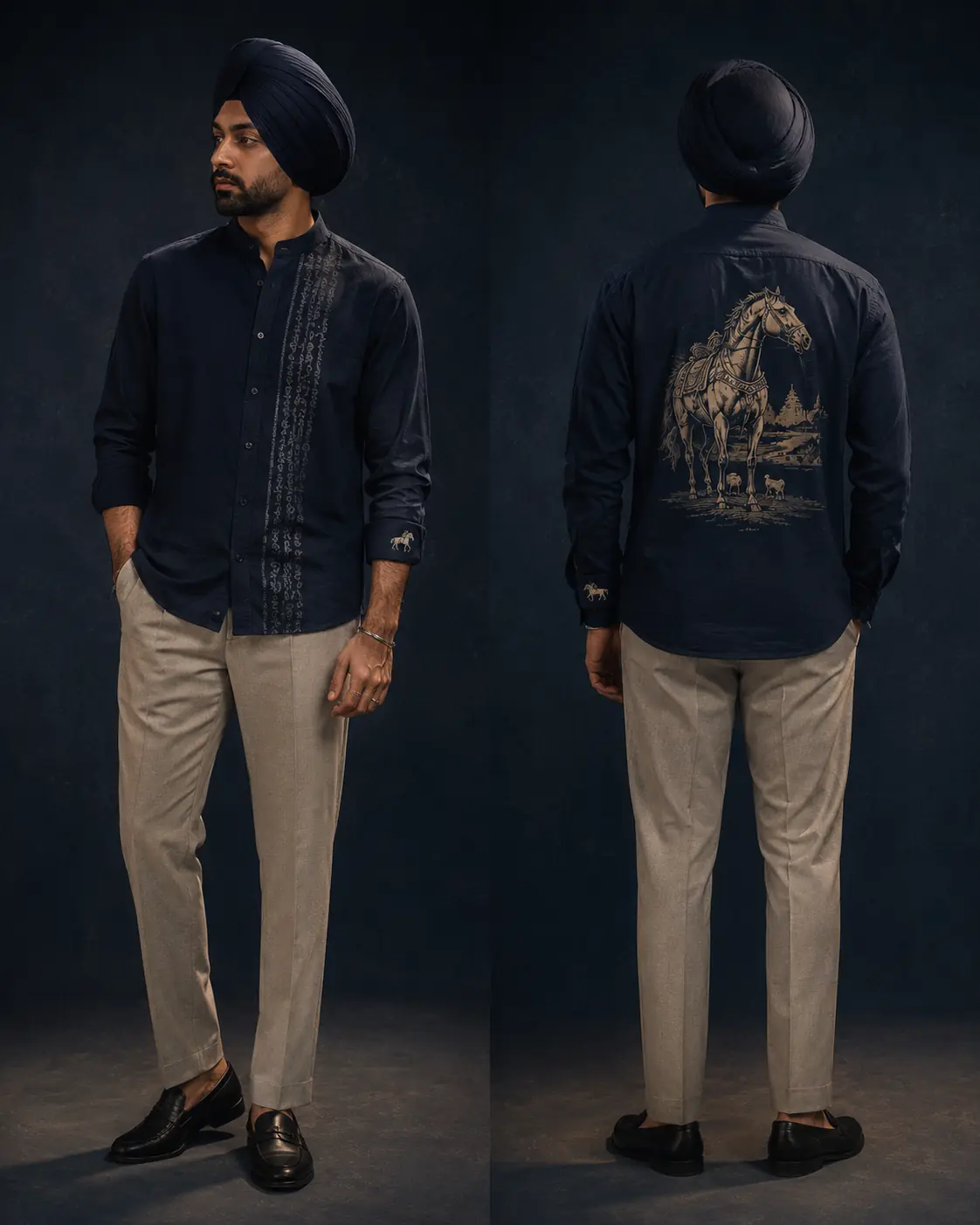 Sikh model wearing the BAAG Neela Virsa midnight-indigo washed cotton shirt