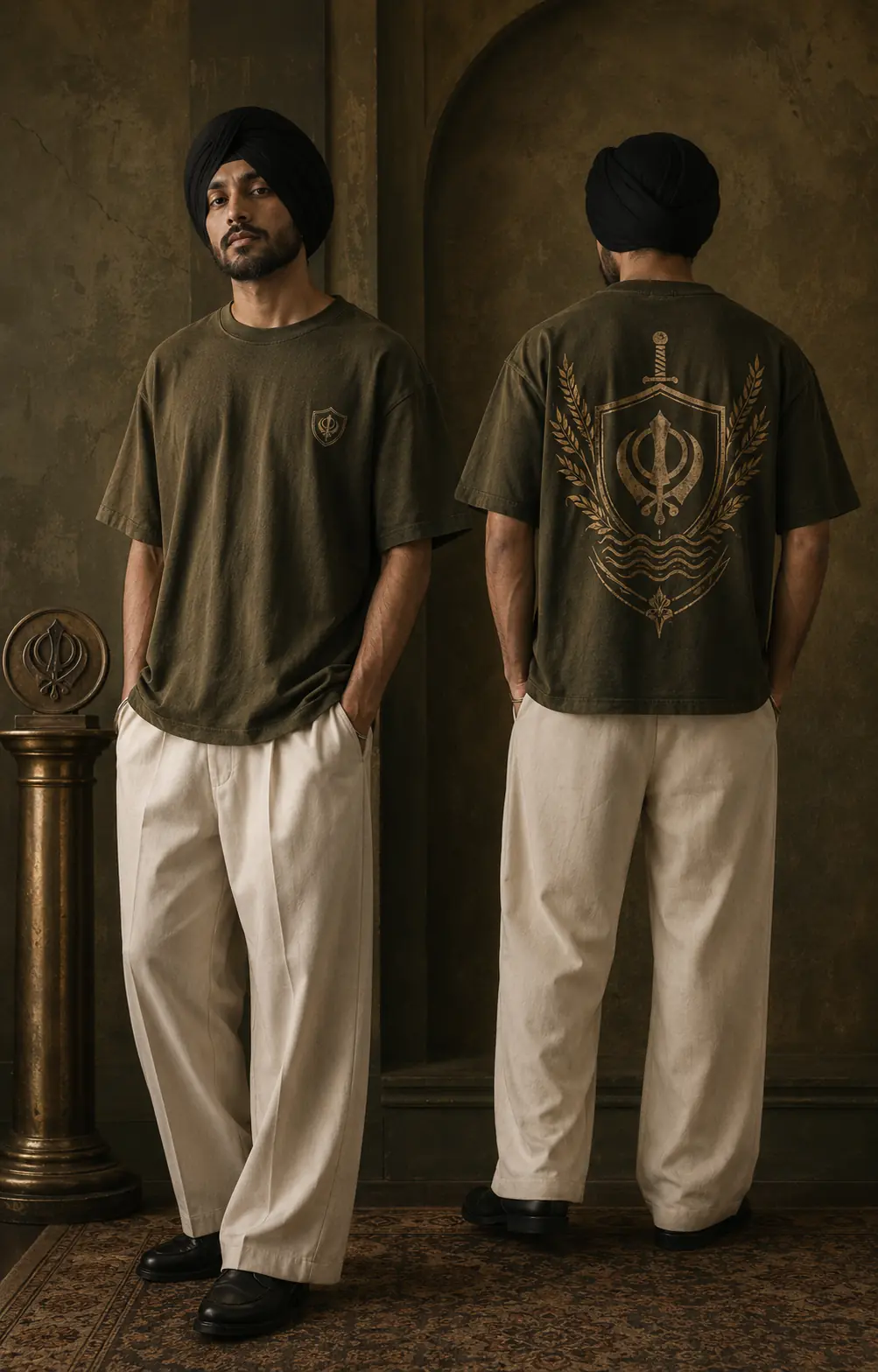 Sikh model wearing the limited BAAG Nishaan Crest olive T-shirt with antique-gold print