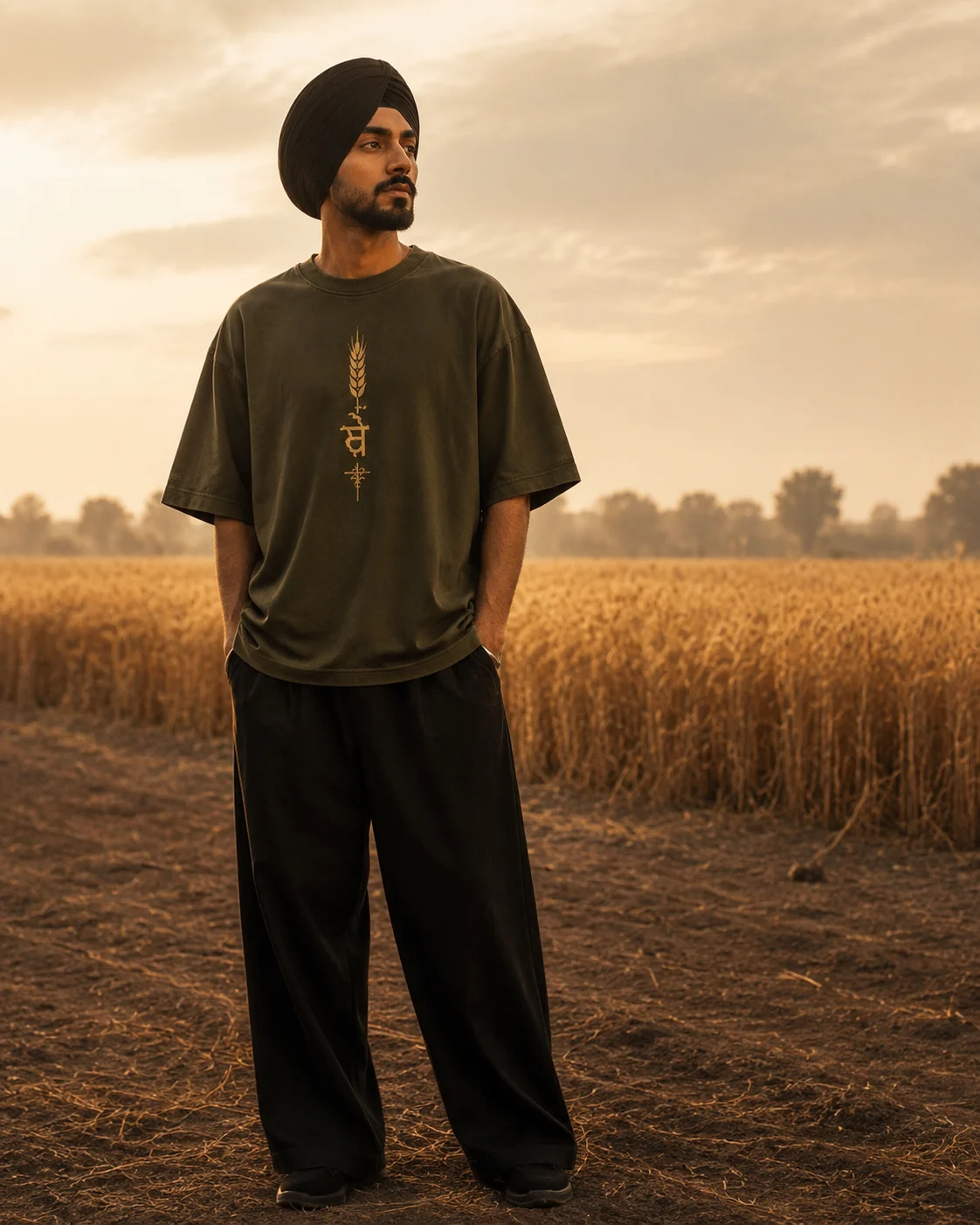 Sikh model wearing the olive BAAG Rooted in Land oversized T-shirt in a Punjab field