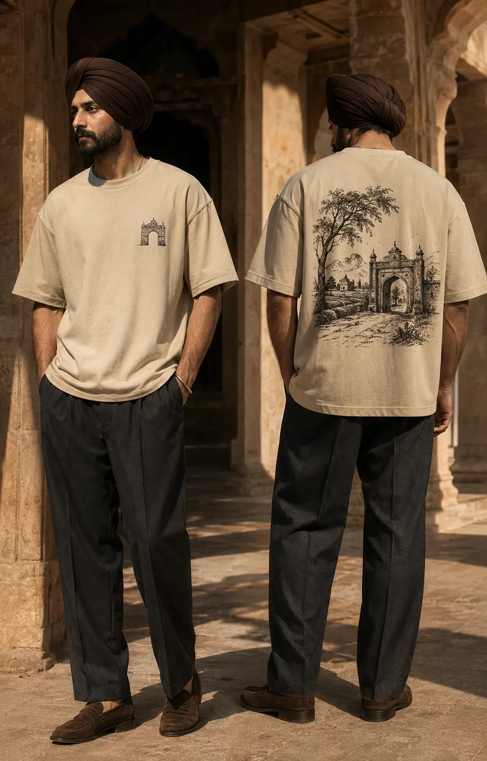 Sikh model wearing the BAAG Pind Darwaza sand Punjabi graphic T-shirt