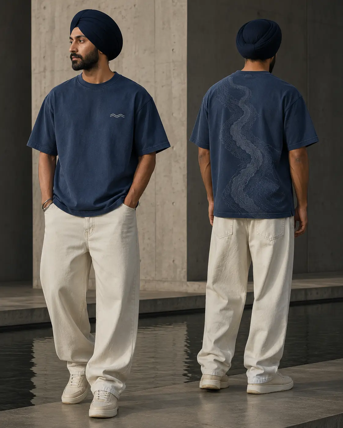 Sikh model wearing the BAAG Satluj Current indigo T-shirt with tonal river print